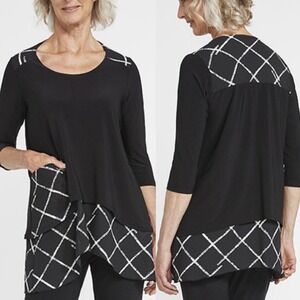 Sympli Canada Asymmetric Hem Whisper Pocket Tunic Top Womens Size 16 Black White